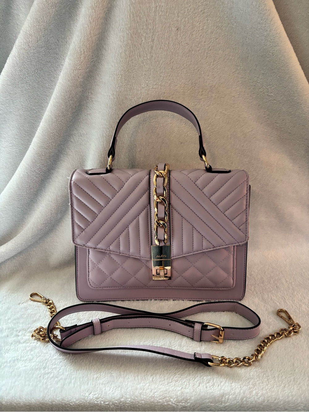 ALDO Lavender Quilted Top-Handle Satchel with Chain Accent